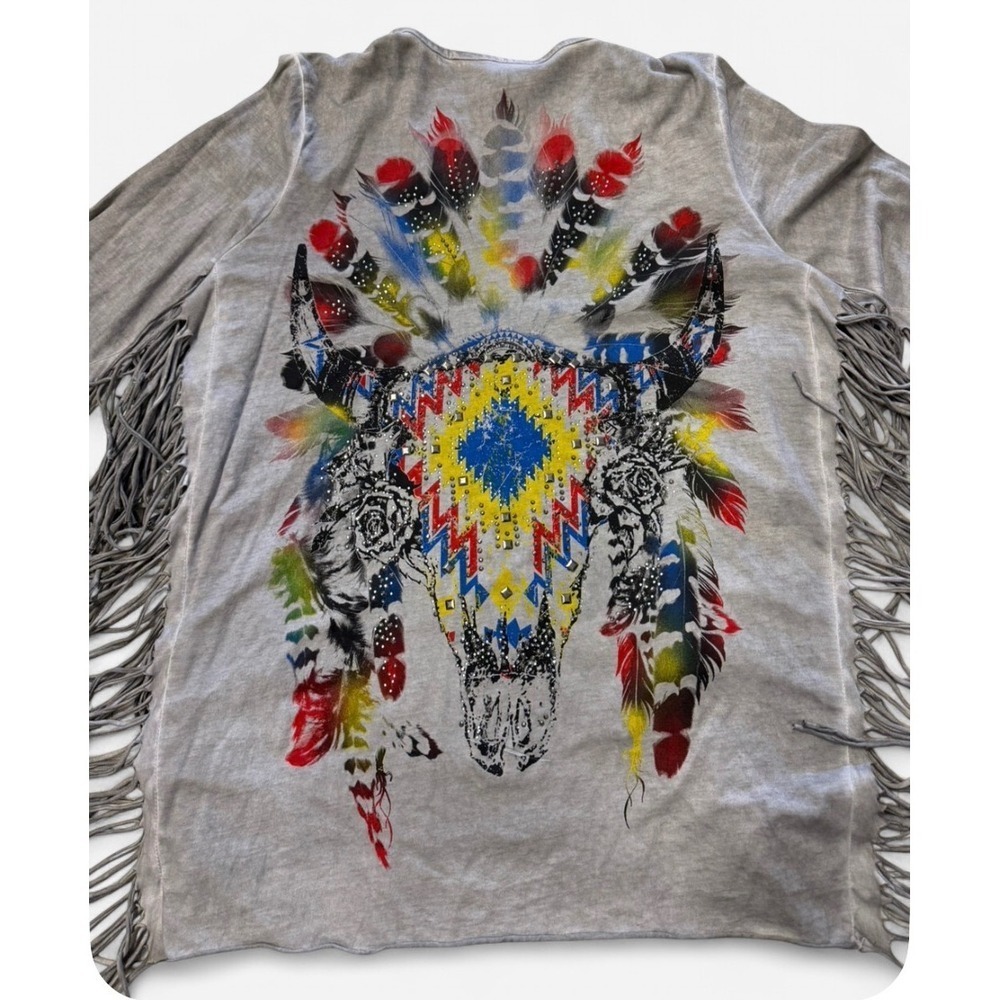 Vocal Cardigan Gray Bull Skull Fringe Rhinestone Western Boho‎ Festival Medium